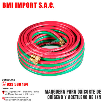MANGUERA PARA OXICORTE DE OXÍGENO Y ACETILENO DE 1/4 PULGADAS, 300 PSI
