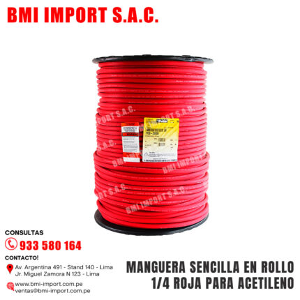 MANGUERA SENCILLA EN ROLLO 1/4 ROJA PARA ACETILENO