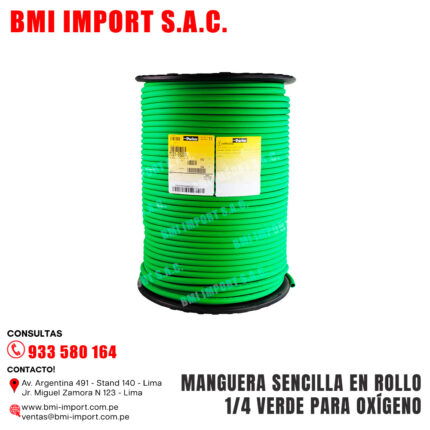MANGUERA SENCILLA EN ROLLO 1/4 VERDE PARA OXÍGENO